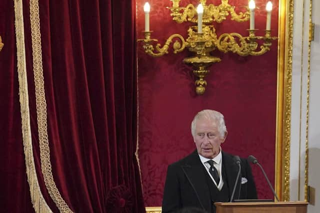 King Charles III, before Privy Council members in the Throne Room during the Accession Council at St James's Palace, London