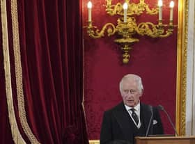 King Charles III, before Privy Council members in the Throne Room during the Accession Council at St James's Palace, London