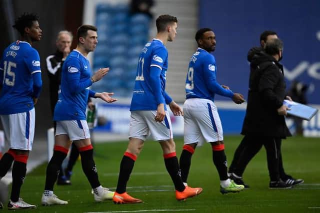 Rangers bring on Bongani Zungu, Ryan Jack, Cedric Itten and Jermain Defoe during a Scottish Premiership match between Rangers and Ross County at Ibrox, on January 23, 2021, in Glasgow, Scotland. (Photo by Rob Casey / SNS Group)