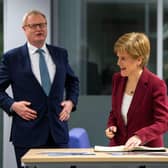 Scottish National Investment Bank CEO Eilidh Mactaggart (right) with First Minister Nicola Sturgeon and chair Willie Watt at the bank's official launch in 2020 (Picture: Andy Buchanan - WPA Pool/Getty Images)