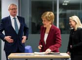 Scottish National Investment Bank CEO Eilidh Mactaggart (right) with First Minister Nicola Sturgeon and chair Willie Watt at the bank's official launch in 2020 (Picture: Andy Buchanan - WPA Pool/Getty Images)