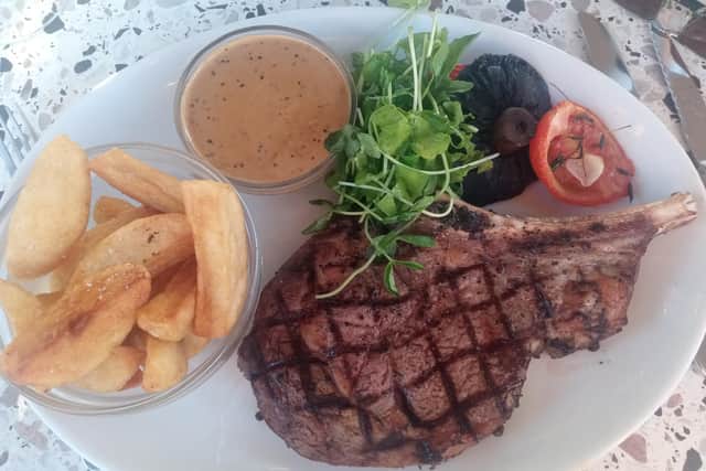 The 28 day dry-aged ribeye on the bone at The Derby Arms