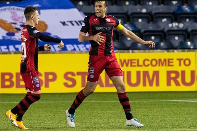 Joe Shaughnessy (right) celebrates his late equaliser in normal time of St Mirren's dramatic Scottish Cup quarter-final victory over Kilmarnock at Rugby Park. (Photo by Craig Williamson / SNS Group)