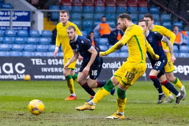 Hibs' Martin Boyle scores a penalty to help his side on the way to victory over Ross County. Photo by Alan Harvey / SNS Group