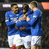 Rangers' Danilo celebrates with James Tavernier and John Lundstram after making it 1-0 over Sparta Prague. (Photo by Rob Casey / SNS Group)