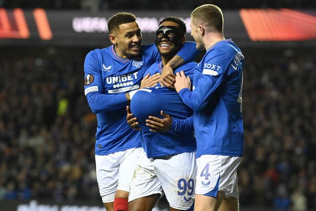 Rangers' Danilo celebrates with James Tavernier and John Lundstram after making it 1-0 over Sparta Prague. (Photo by Rob Casey / SNS Group)
