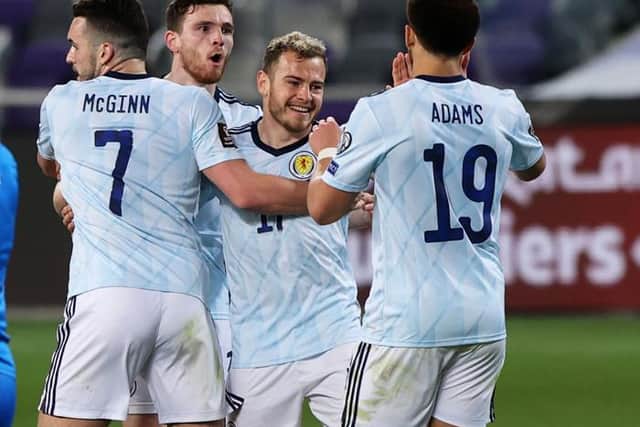 Scotland's Ryan Fraser (centre) celebrates his goal during the World Cup Qualifier between Israel and Scotland at Bloomfield Stradium, on March 28, 2021, in Tel Aviv, Israel. (Photo by Seffi Magriso / SNS Group)