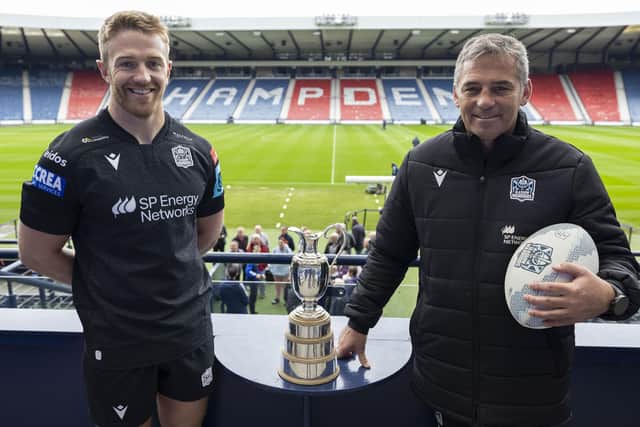 Glasgow Warriors captain Kyle Steyn and head coach Franco Smith at Hampden Park which will host this year's 1872 Cup first leg match against Edinburgh. (Photo by Ross MacDonald / SNS Group)