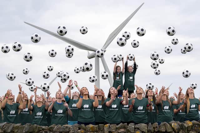 Footballers from across Scotland attend the launch event of a new partnership with ScottishPower at Whitelee Windfarm near Glasgow. Pic: Jane Barlow/PA Wire