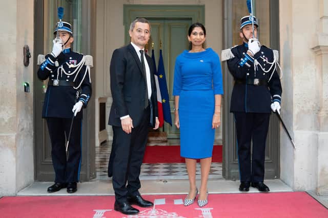 Home Secretary Suella Braverman is greeted by French Interior Minister Gerald Darmanin, at the Interior Ministry in Paris, France where they signed an historic deal to tackle the small boats crisis as pressure mounts on the British immigration system, with Channel crossings topping 40,000 so far this year. Picture date: Monday November 14, 2022.