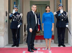 Home Secretary Suella Braverman is greeted by French Interior Minister Gerald Darmanin, at the Interior Ministry in Paris, France where they signed an historic deal to tackle the small boats crisis as pressure mounts on the British immigration system, with Channel crossings topping 40,000 so far this year. Picture date: Monday November 14, 2022.