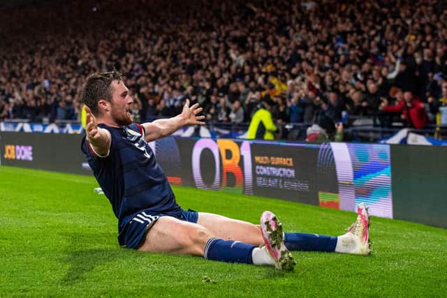 Scotland’s John Souttar celebrates his opener against Denmark at Hampden. (Photo by Ross MacDonald / SNS Group)