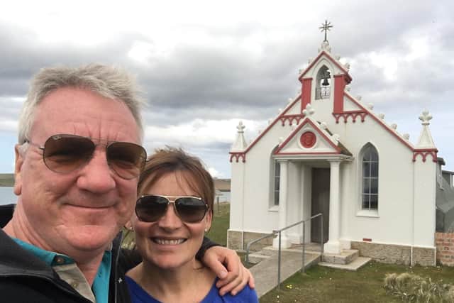 Lorraine Kelly and her husband Steve at The Italian Chapel on Lamb Holm in the Orkney Islands. Pic: Contributed