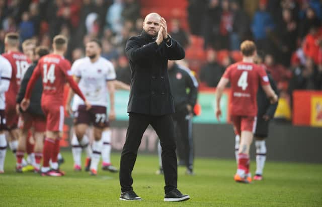 Hearts fans expressed their anger at Robbie Neilson at full-time.  (Photo by Paul Devlin / SNS Group)