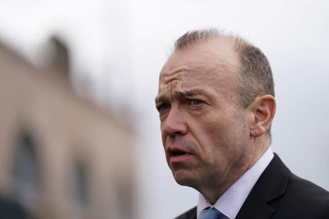 Northern Ireland Secretary Chris Heaton-Harris speaking to the media at Hillsborough Castle after his meetings with Stormont leaders over Brexit and the Windsor Framework.