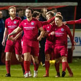 Brora players celebrate Jordan MacRae's goal to make it 1-0 against Hearts