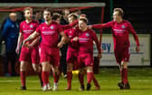 Brora players celebrate Jordan MacRae's goal to make it 1-0 against Hearts