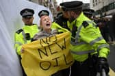 Police officers remove a climate activist protesting against the Rosebank oil field project in the North Sea off the coast of Scotland, outside the InterContinental London Park Lane in London in October. Picture: Daniel Leal/AFP via Getty Images
