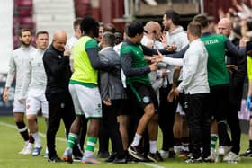 Hearts and Hibs benches clashed after the Edinburgh derby draw at Tynecastle on May 27. (Photo by Mark Scates / SNS Group)