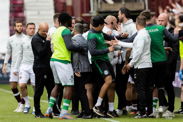Hearts and Hibs benches clashed after the Edinburgh derby draw at Tynecastle on May 27. (Photo by Mark Scates / SNS Group)