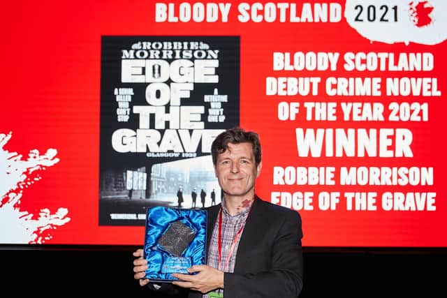 Robbie Morrison, winner of The Bloody Scotland Debut Crime Novel Of The Year in the The Albert Halls at Bloody Scotland, Scotland's International Crime Writing Festival  in Stirling on the 17/09/2021. Picture: Paul Reich