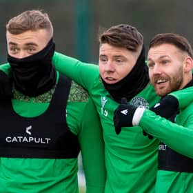Hibs' Martin Boyle (R),  will be happy if the Easter Road club manage to keep hold of (L-R) Ryan Porteous and Kevin Nisbet. Photo by Ross MacDonald / SNS Group