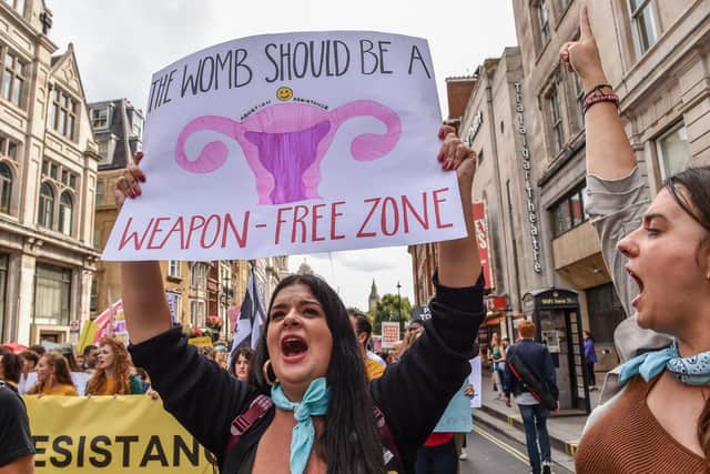 A woman protests against anti-abortion group March for Life's demo in London last September. PIC: Thomas Krych/SOPA Images/Shutterstock.