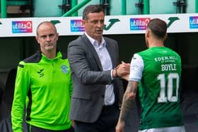 Hibs manager Jack Ross and his assistant John Potter (L) are a major factor in Martin Boyle's decision to sign an extended deal to stay at the Easter Road club. Photo by Ross Parker / SNS Group