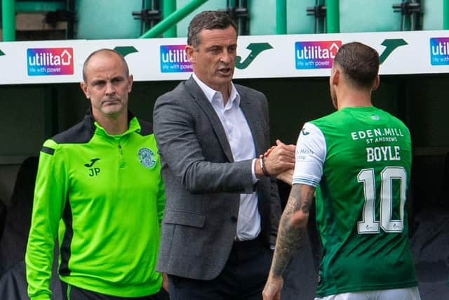 Hibs manager Jack Ross and his assistant John Potter (L) are a major factor in Martin Boyle's decision to sign an extended deal to stay at the Easter Road club. Photo by Ross Parker / SNS Group
