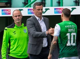Hibs manager Jack Ross and his assistant John Potter (L) are a major factor in Martin Boyle's decision to sign an extended deal to stay at the Easter Road club. Photo by Ross Parker / SNS Group
