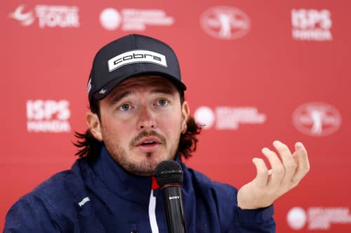 Ewen Ferguson speaks during a press conference prior to the ISPS Handa - Championship at Taiheiyo Club Gotemba Course in Japan. Picture: Yong Teck Lim/Getty Images.
