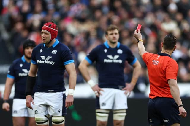 Scotland lock Grant Gilchrist is shown a red card by referee Nika Amashukeli during the Six Nations defeat to France in Paris. (Photo by ANNE-CHRISTINE POUJOULAT/AFP via Getty Images)