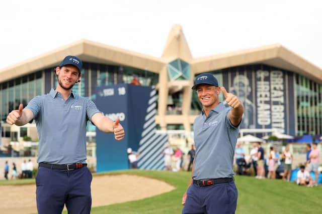 Thomas Pieters and Alex Noren celebrate beating Tommy Fleetwood and Shane Lowry on the opening day of the new Hero Cup at Abu Dhabi Golf Club. Picture: Andrew Redington/Getty Images.