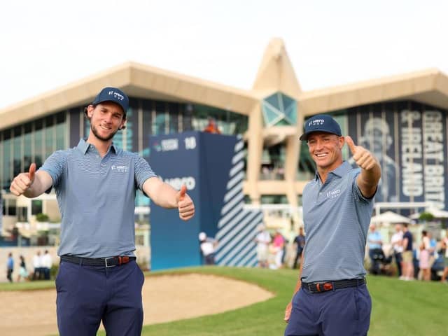 Thomas Pieters and Alex Noren celebrate beating Tommy Fleetwood and Shane Lowry on the opening day of the new Hero Cup at Abu Dhabi Golf Club. Picture: Andrew Redington/Getty Images.