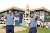 Thomas Pieters and Alex Noren celebrate beating Tommy Fleetwood and Shane Lowry on the opening day of the new Hero Cup at Abu Dhabi Golf Club. Picture: Andrew Redington/Getty Images.