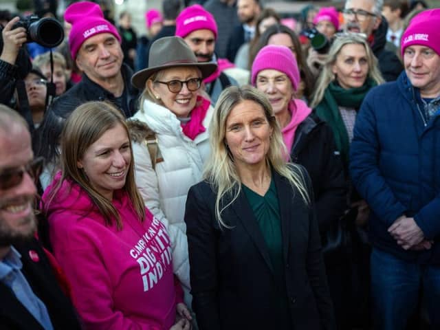 Labour MP Kim Leadbeater, centre, who proposed the private member's bill on assisted dying, meets campaigners after a parliamentary vote on the issue last November (Picture: Carl Court/Getty Images)