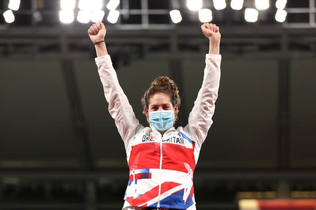 CHOFU, JAPAN - AUGUST 06: Gold medalist Kate French of Team Great Britain steps onto the podium during the Women's Modern Pentathlon medal ceremony on day fourteen of the Tokyo 2020 Olympic Games at Tokyo Stadium on August 06, 2021 in Chofu, Japan. (Photo by Dan Mullan/Getty Images)