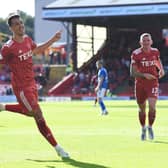 Bojan Miovski celebrates making it 3-1 Aberdeen during a cinch Premiership match between Aberdeen and Kilmarnock at Pittodrie Stadium, on October 01, 2022, in Aberdeen, Scotland. (Photo by Ross MacDonald / SNS Group)
