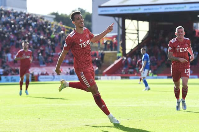 Bojan Miovski celebrates making it 3-1 Aberdeen during a cinch Premiership match between Aberdeen and Kilmarnock at Pittodrie Stadium, on October 01, 2022, in Aberdeen, Scotland. (Photo by Ross MacDonald / SNS Group)