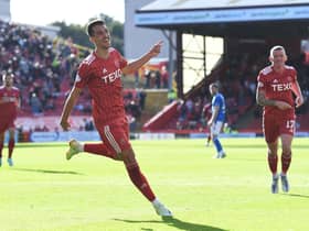 Bojan Miovski celebrates making it 3-1 Aberdeen during a cinch Premiership match between Aberdeen and Kilmarnock at Pittodrie Stadium, on October 01, 2022, in Aberdeen, Scotland. (Photo by Ross MacDonald / SNS Group)