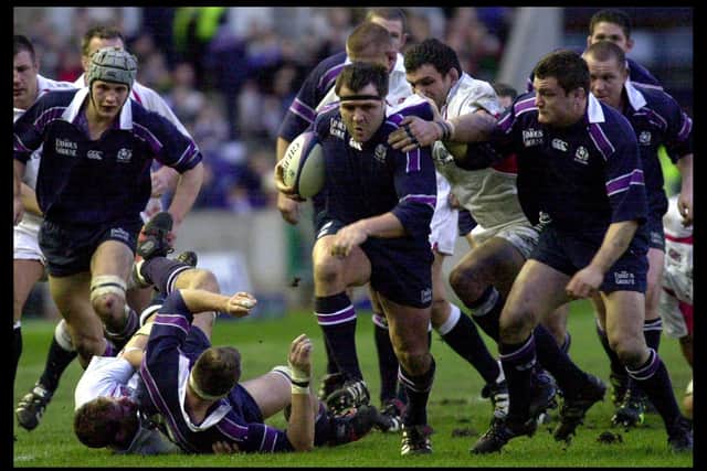 Tom Smith on the attack against England at Murrayfield. Picture: Christopher Furlong