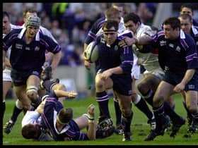 Tom Smith on the attack against England at Murrayfield. Picture: Christopher Furlong