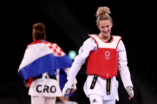 Lauren Williams reacts after being defeated by Matea Jelic of Croatia in the Women's -67kg Taekwondo Gold Medal contest