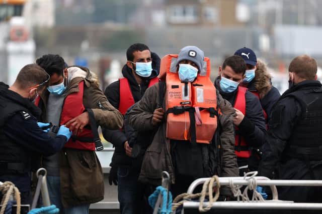 Migrants arrive at Dover Marina after being picked up by the border force on April 18, 2022. Picture: Hollie Adams/Getty Images