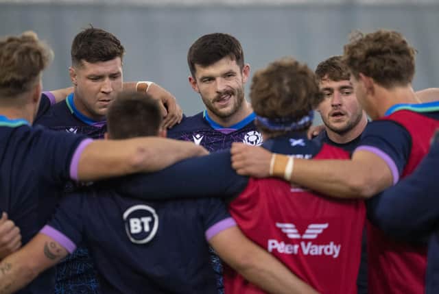 Blair Kinghorn, centre, is starting his fifth game in a row for Scotland at stand-off. (Photo by Ross MacDonald / SNS Group)
