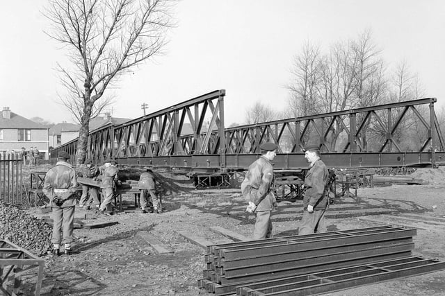 300 Parachute field squadron RE (Territorial Army) building bridge over Water of Leith in Murrayfield, Edinburgh .