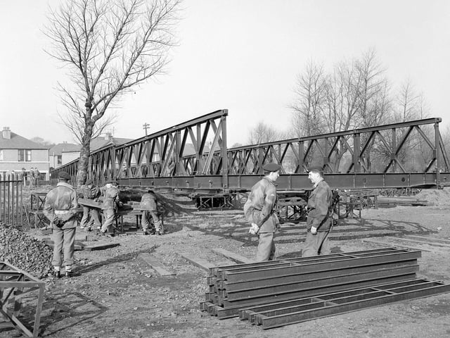 300 Parachute field squadron RE (Territorial Army) building bridge over Water of Leith in Murrayfield, Edinburgh .