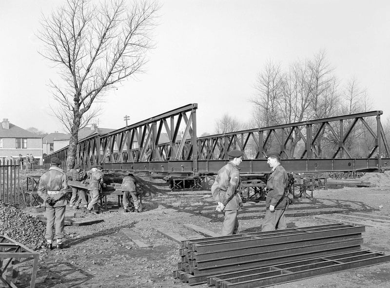 300 Parachute field squadron RE (Territorial Army) building bridge over Water of Leith in Murrayfield, Edinburgh .