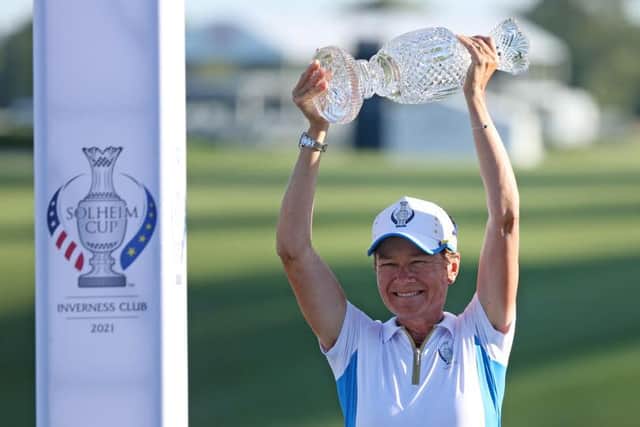 Team Europe captain Catriona Matthew lifts the Solheim Cup after her team's win at the Inverness Club in Toledo, Ohio. Picture: Gregory Shamus/Getty Images.
