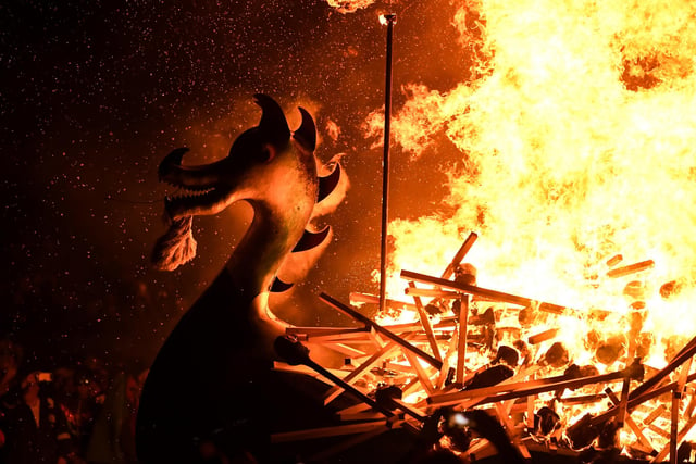 Flames race up a Viking longboat at the heart of the Up Helly Aa festival at the height of celebrations. Picture: Andy Buchanan/AFP via Getty Images